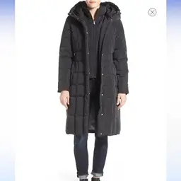 COLE HAAN Signature long line Women's Box-Quilt Down Coat With Bib Front Hood S