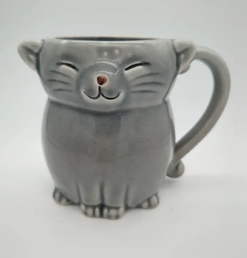 Vintage Pier 1 Gray Happy Kitty Stoneware Coffee Mug