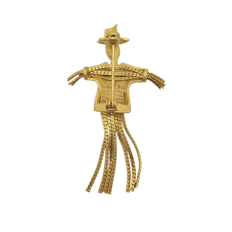 Articulated Gold Tone Scarecrow Brooch With Clear Rhinestones