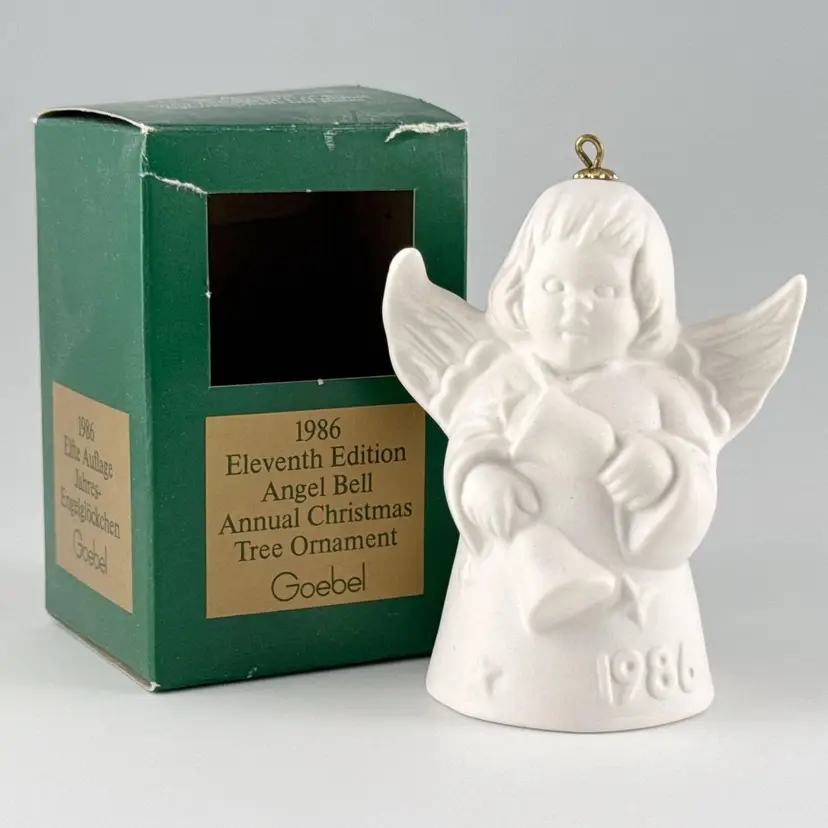 Goebel 1986 Angel Bell Player Christmas Ornament, White Bisque Porcelain, Vintage Made in Germany