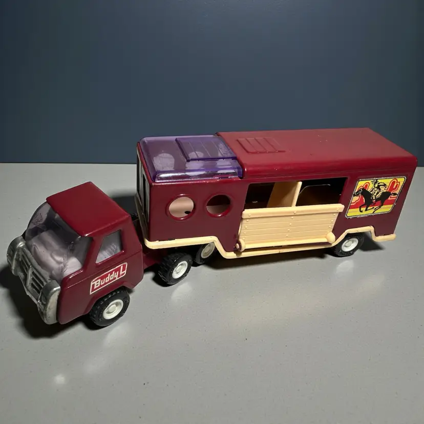 Buddy L 10” Truck Horse Trailer Rodeo Maroon Pressed Steel Japan 1980