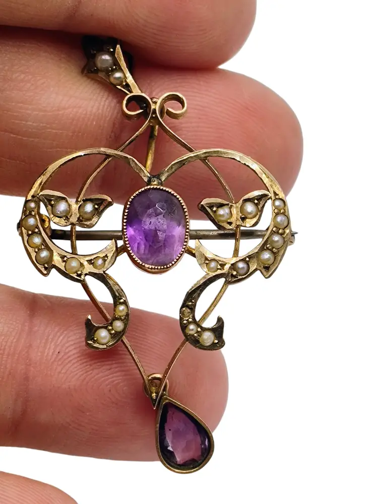 Antique Victorian 9K Gold Lavalier Amethyst Pearl Pendant/Brooch