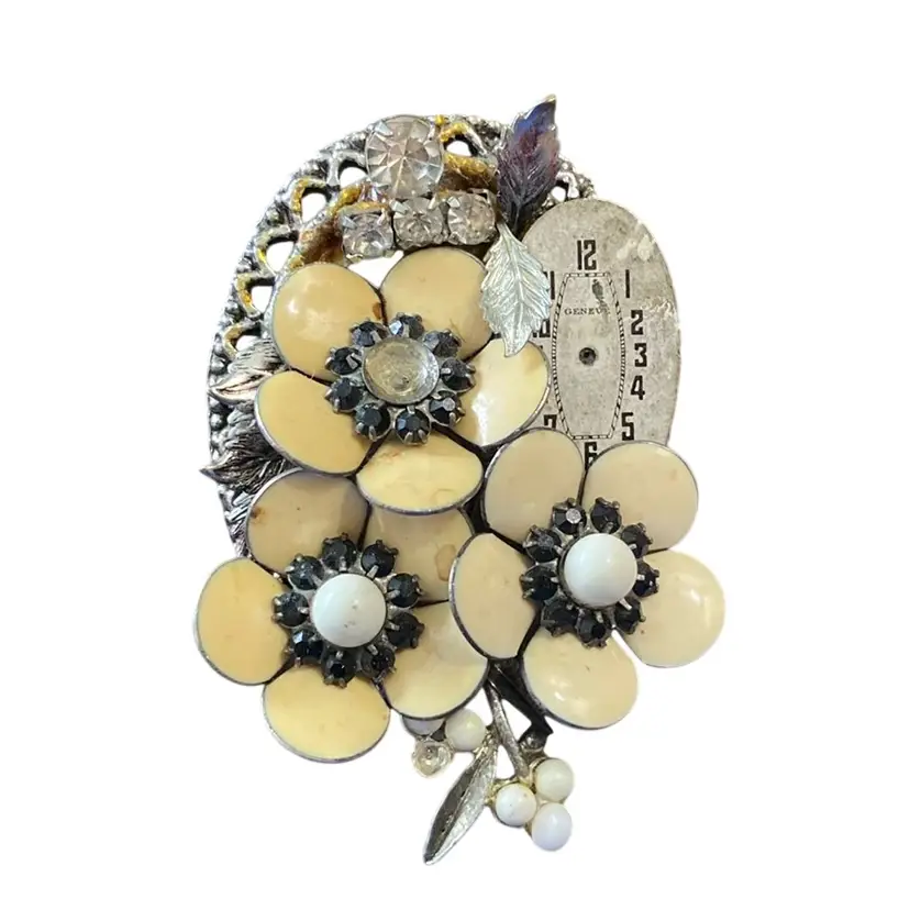 Artisan Enamel Flowers Handmade Brooch 2 1/2” X 1 1/2”