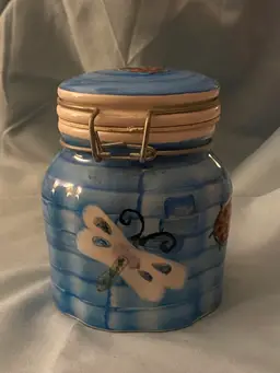 Vintage GMT 2001 Handpainted Blue Canister Jar 4.5”H Blue Butterfly Bee Ladybug