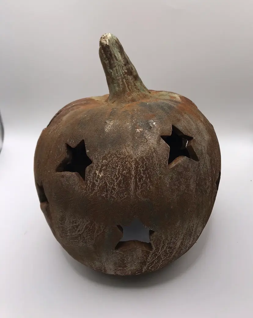 Rustic Pumpkin Jack O Lantern Terra Cotta W Star Cutouts Halloween Decoration