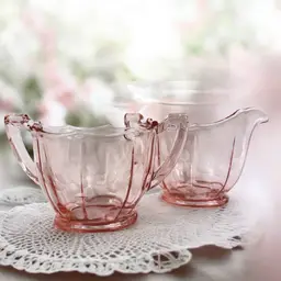 Vintage Pink Depression Glass Creamer & Sugar Bowl Set – Etched Floral - Cottagecore