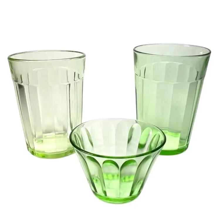 Uranium 💚 Green Depression Glass. 2 4” Juice Glasses. 1 Hazel Atlas Ribbed Custard Dessert Cup. GLOWS So Bright In UV Blacklight!