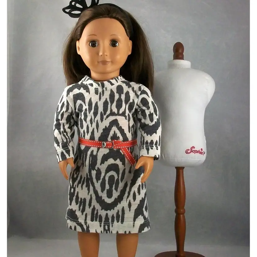 Handmade 18" Doll Black White Zebra Print Knit T-Shirt Dress Red Ribbon Belt Repurposed Girls Clothing