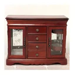 Wooden Jewelry Organizer 5 Tier Box Vanity Chest Glass Etched Doors & Mirror 10.5 in Height