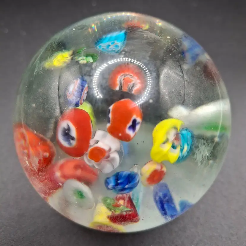 Vintage Hand-Blown Millefiori Glass Paperweight Colorful Floral Geometric