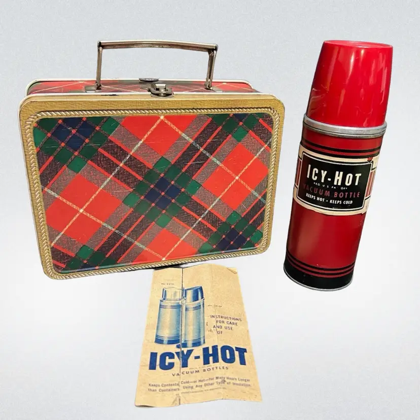 MARKDOWN! 1950's Liberty Scottish Plaid Tartan Metal Lunch Box With Thermos & Original Paperwork RARE!