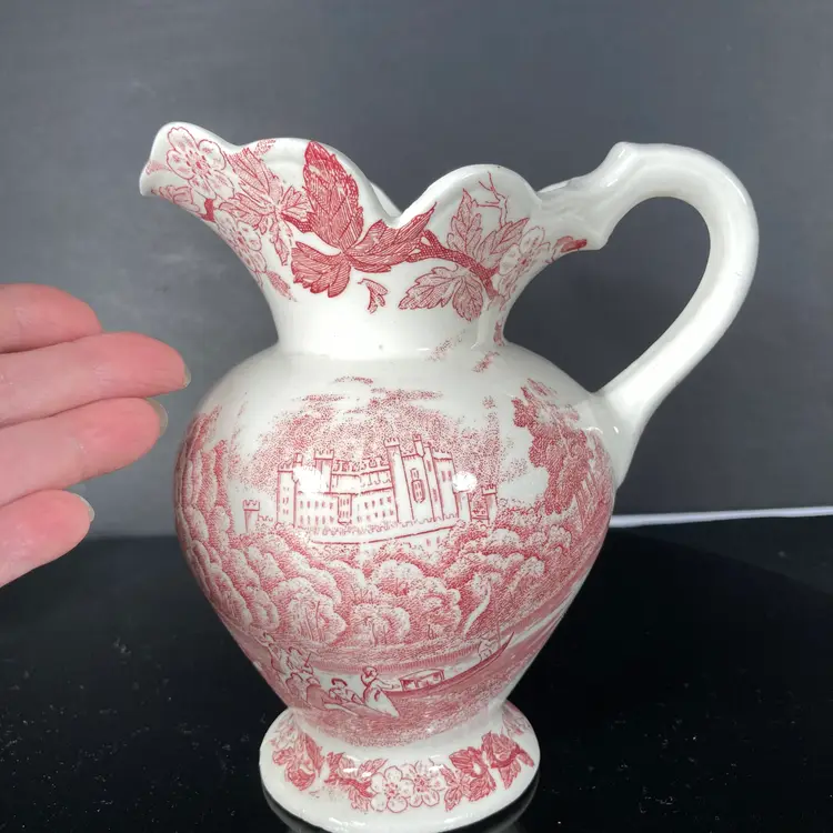 Antique Transferware Pitcher, Romantic Pattern. Cranberry, 6 inches tall.