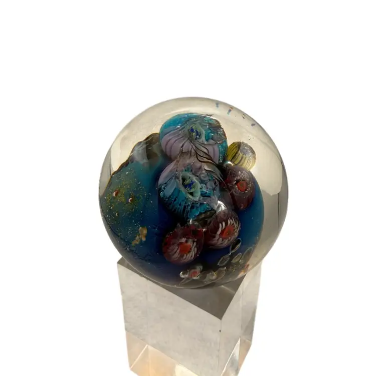 Josh Simpson “Inhabited Planet” Signed Large Marble Paperweight With Base - 2.25”