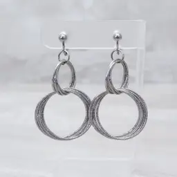 Vintage Clip On Earrings Long Dangle Textured Silver Tone Interlocking Circles