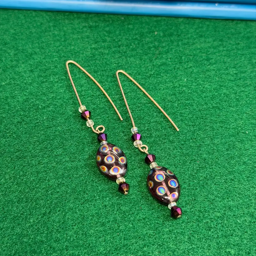 Sterling 925 Silver Glass Bead Polka Dot Iridescent Dangle Drop Hook Earrings