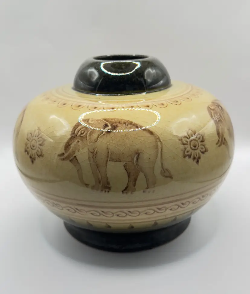 Vintage Elephant Motif Ceramic Vase, Handcrafted Asian Decor, Unbranded