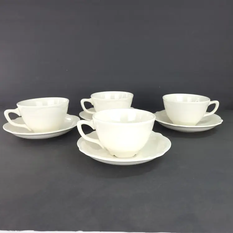 Homer Laughlin Set of 4 Vintage Ivory White Tea Cups and Saucers Virginia Rose