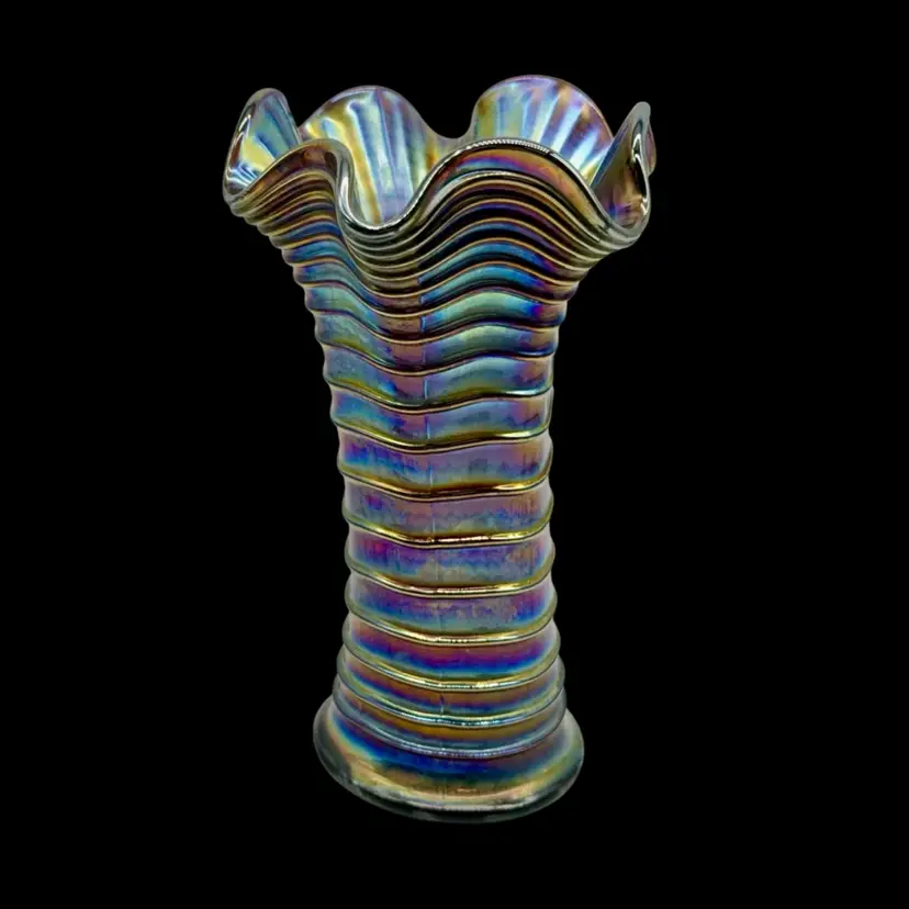 Imperial Carnival Glass Vase Ripple Electric Purple Amethyst Ruffled Rim