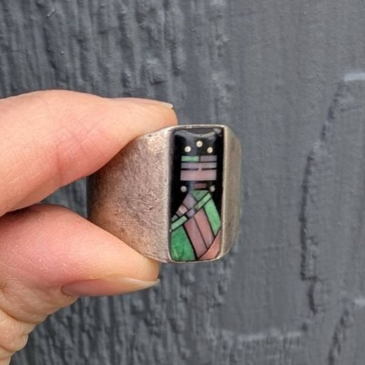 Vintage Navajo Jim Harrison Handmade Sterling Multi Stone Inlay Yei Ring 11.25