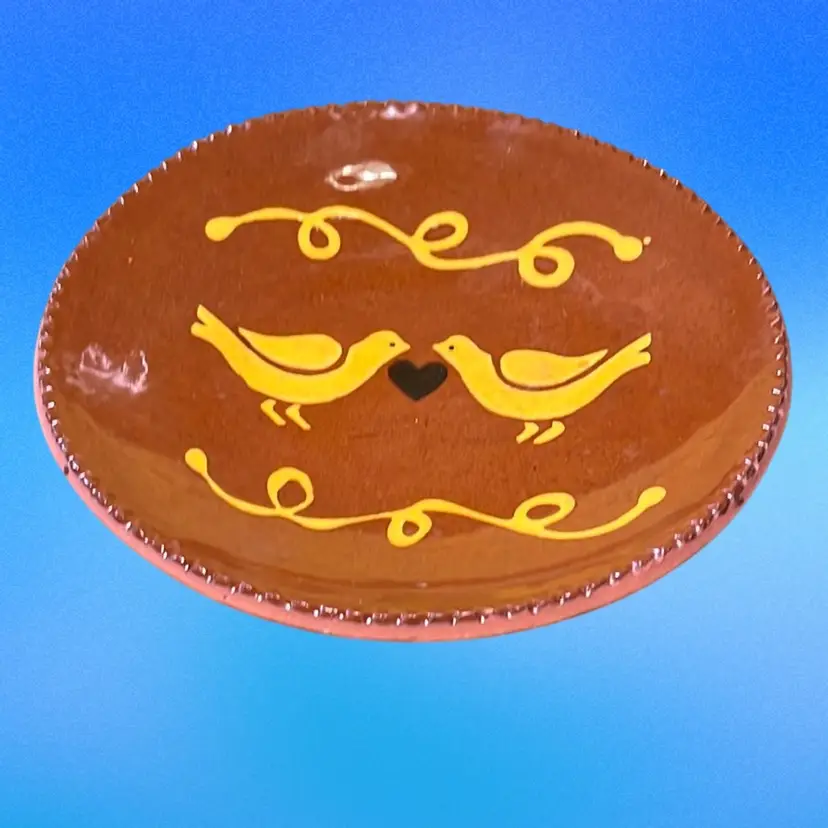 14. Primitive Folk Art P.&G Pottery Lovebird Plate Red Wire