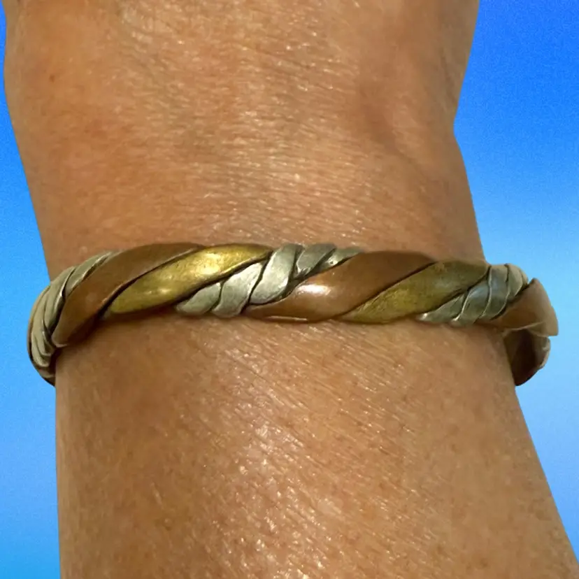 Vintage MCM Mixed Metal Brass, Copper Pewter Braided Twist Cuff Bracelet 2.5” Inner Diameter