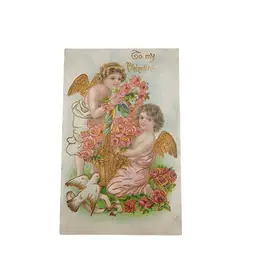 Antique German Embossed Valentine Postcard With Gold Foil Cherubs & Roses