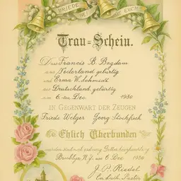 Vintage Frau-Schein Wedding Certificate 1930 Pastor Completely Filled Brooklyn