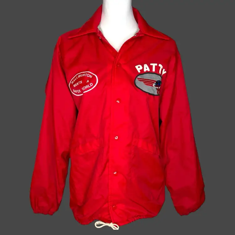 Vintage 70s Red Halliburton Logo Patch Safer World Pla-Jac Windbreaker Jacket S