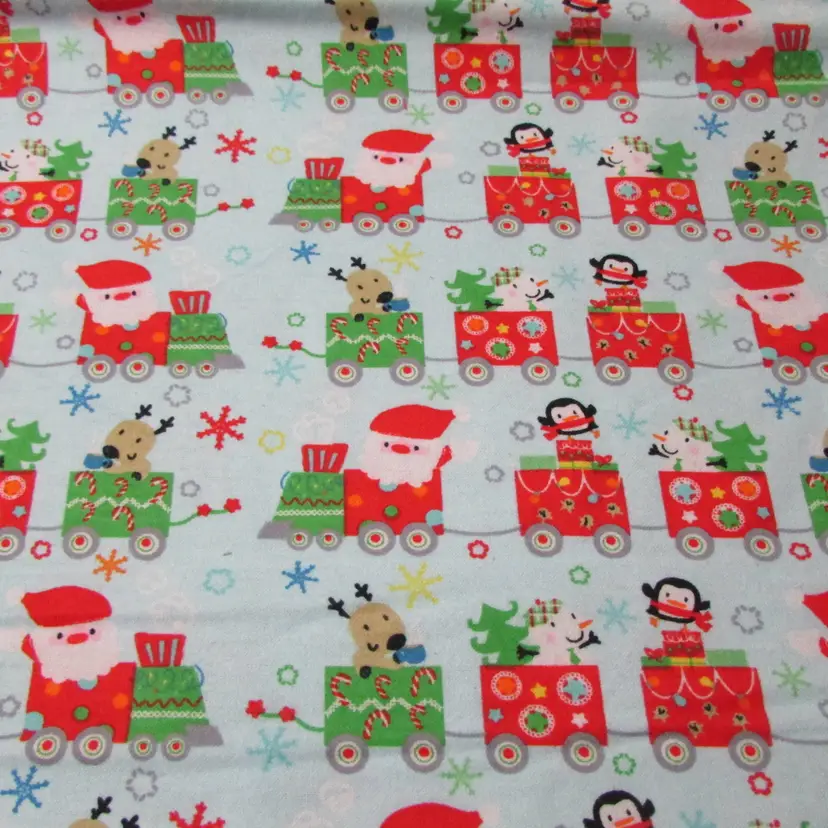 Santa & Pals on Trains Flannel Fabric Remnant - 100% Cotton - Choose Size - Soft Craft & Quilting Fabric