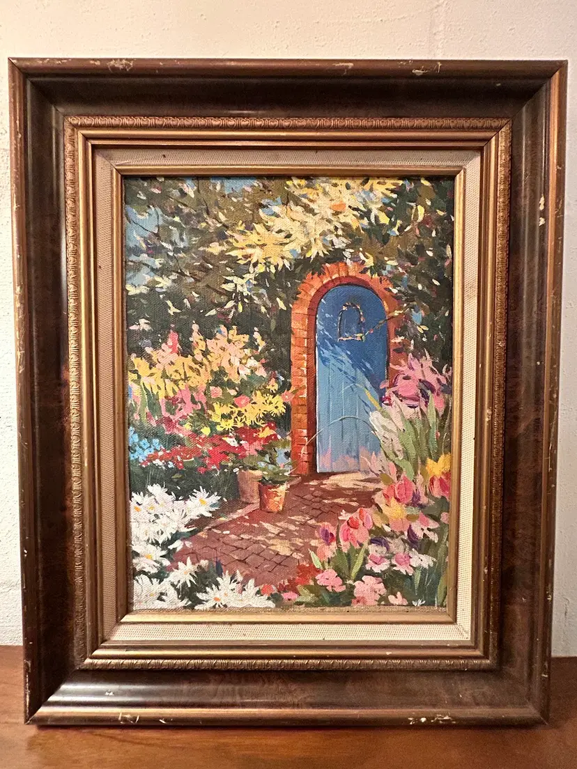 Antique Framed (made In Brazil) Garden Floral Moody Maximalism Oil Painting Impressionism