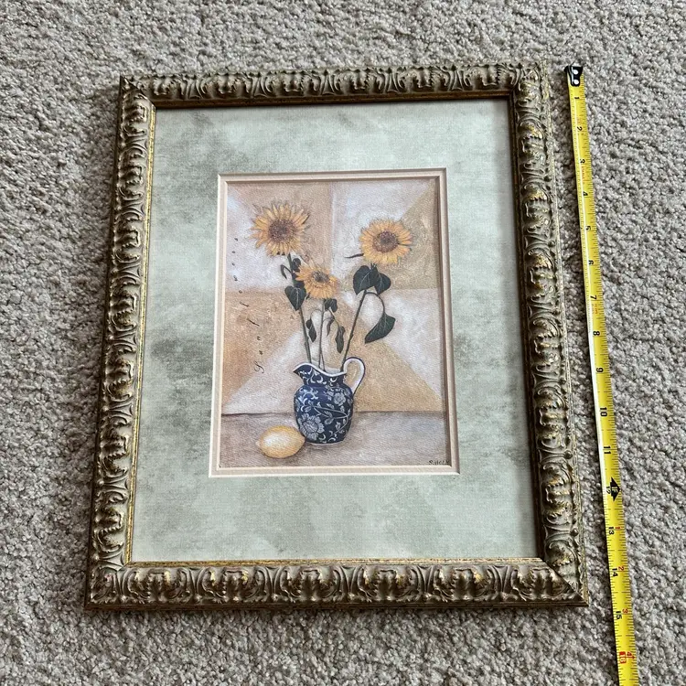 Beautiful vintage framed print of a sunflower still life Ina Blue and white pitcher by S. Hely.