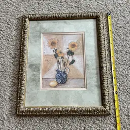 Beautiful vintage framed print of a sunflower still life Ina Blue and white pitcher by S. Hely.