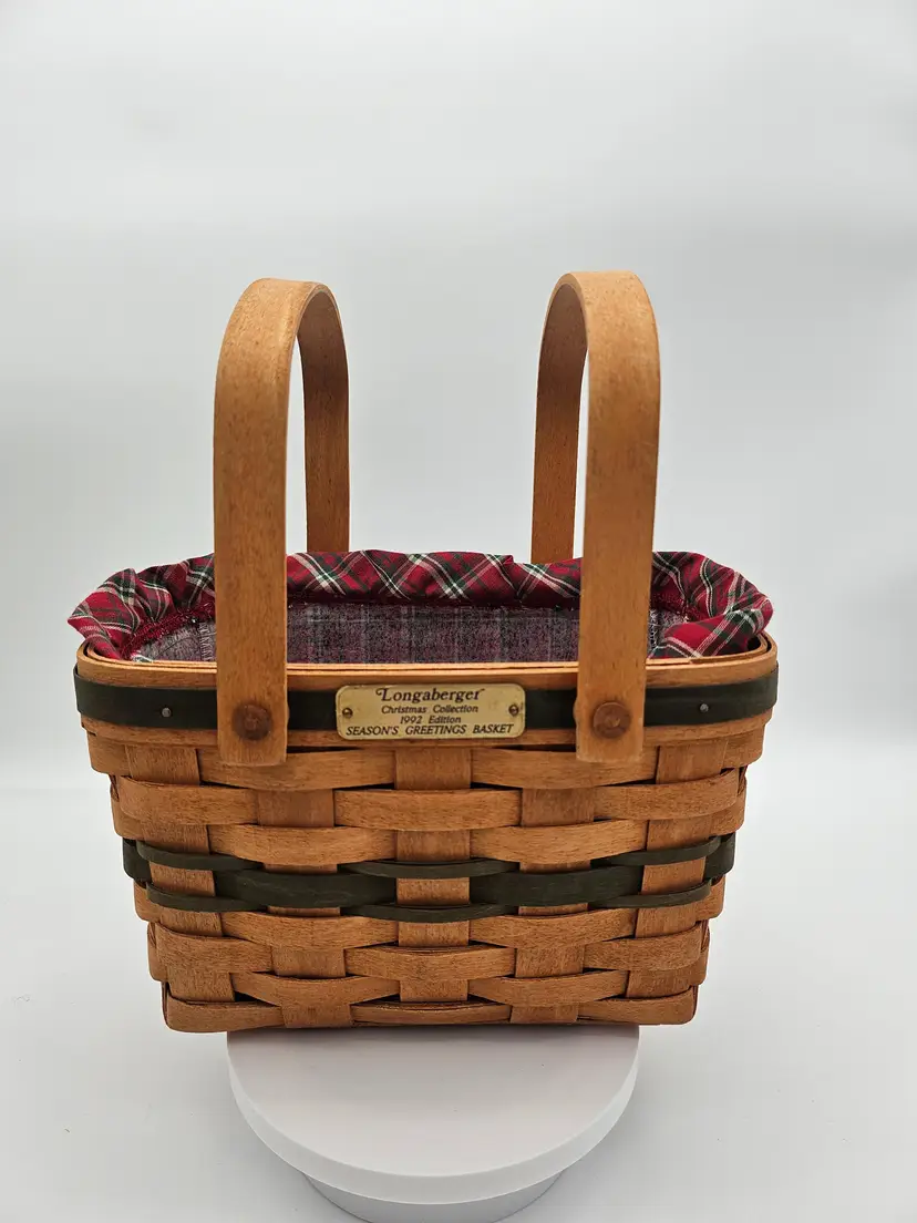 Longaberger 1992 Seasons Greetings Christmas Basket Red Plaid Liner & Protector