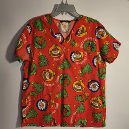 Cassandra O Scrub Top Merry Christmas Red Cute Santa Rudolph Snowman Tree Sz M