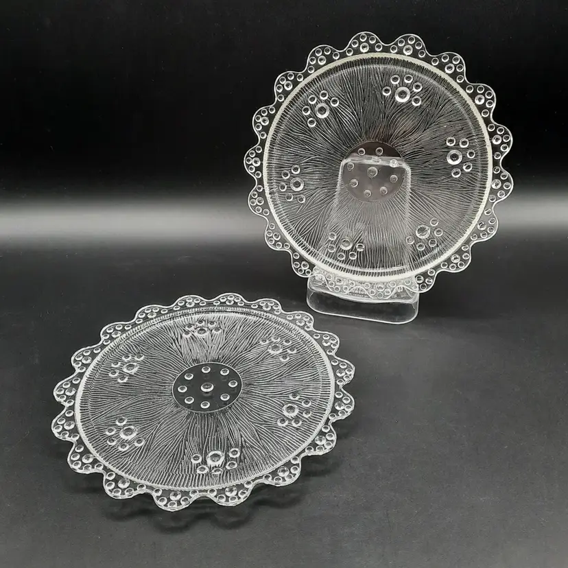 Vintage Masserini Barocco Glass Plates Ice Bark Scalloped Beaded Rim Set of 2