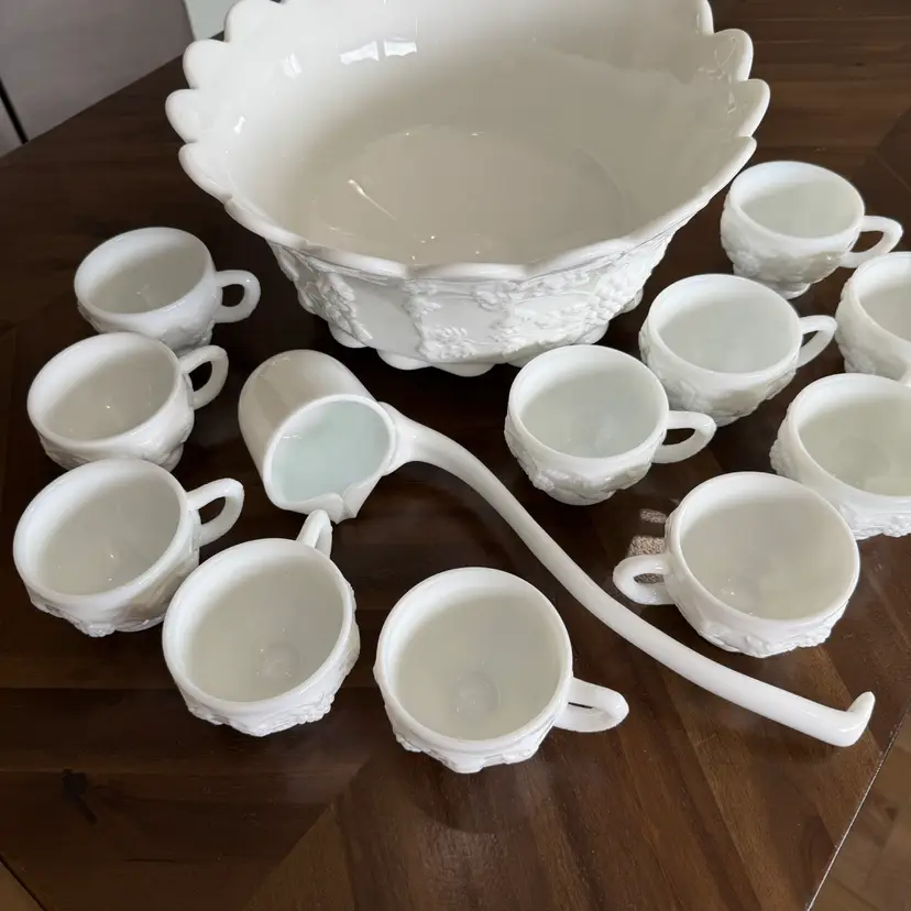 Westmoreland Paneled Grape milk glass punch bowl set with ladle and 11 cups. 1840-1960