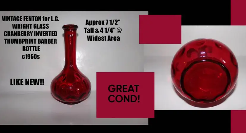 Fenton For Wright RARE Inverted Thumbprint DARK Cranberry Barber Bottle