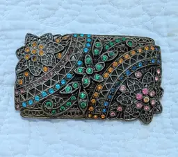 Vintage Floral Pot Metal Brooch in Bronze Tone with Multi-Color Rhinestones