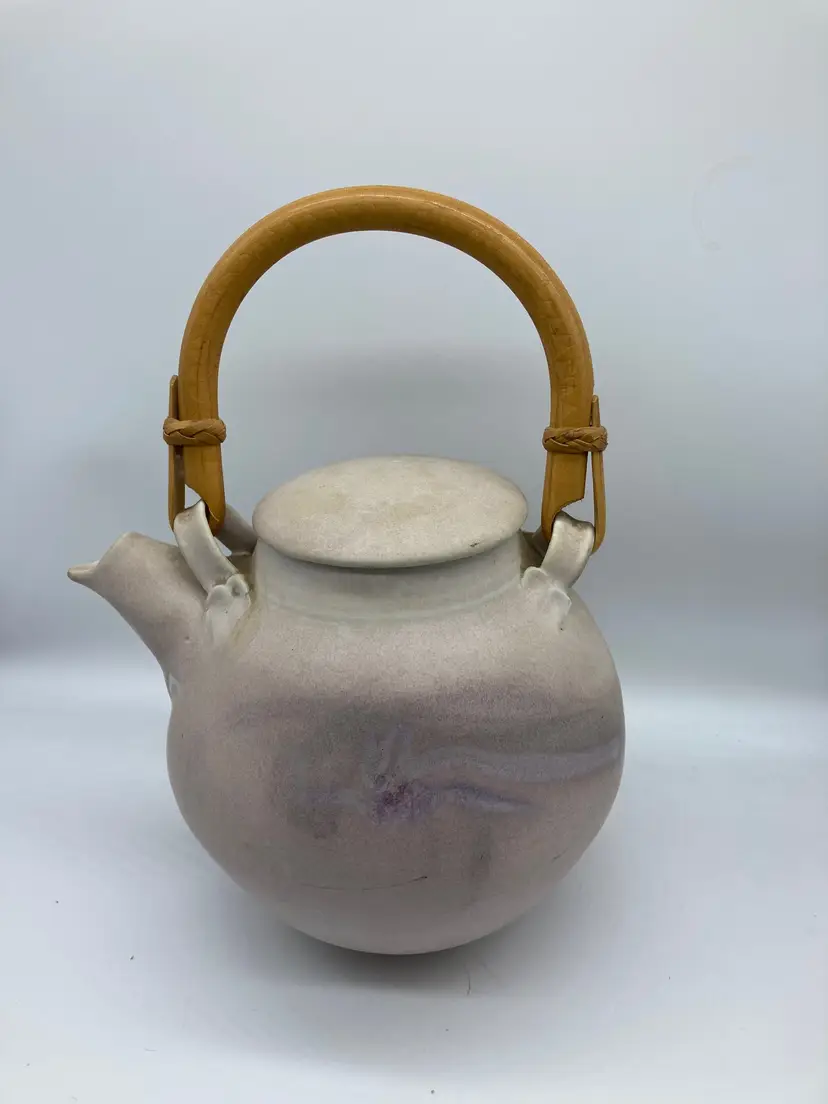 Light Purple Glazed Teapot with Bamboo Handle, Signed by Arlayne Peterson, Lead Free