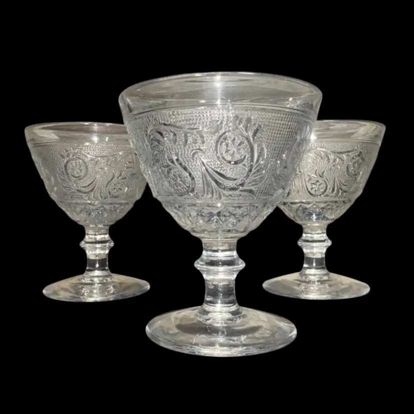 Set Of 3 Colony Sandwich Clear Champagne Sherbet Glasses Retired Pattern Very Good Condition 4” Tall, 3.5” Wide