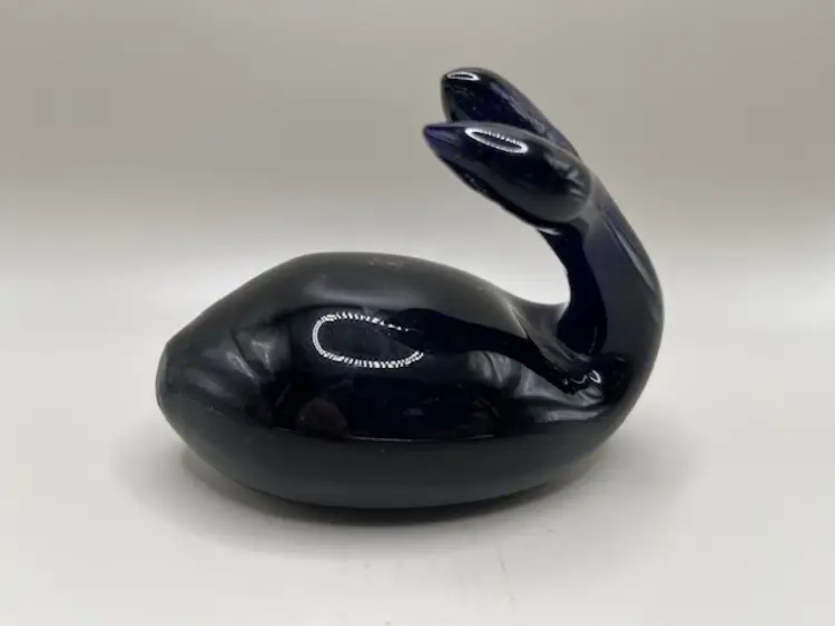 #02 Vintage Signed Cobalt Glass Whale Paperweight