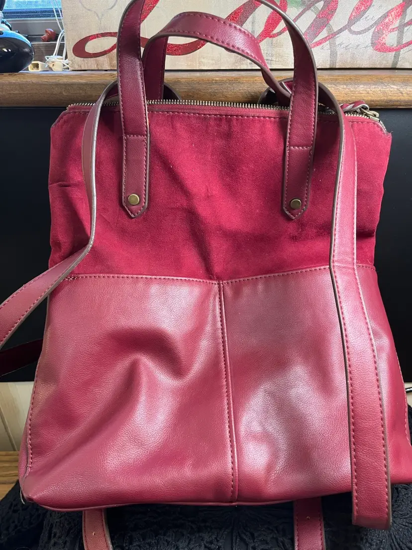 Sonoma Dark Cranberry Back Pack/Handbag w/ Top Handle & Straps. Has Many Compartments. Bronzed Toned Hardware.
