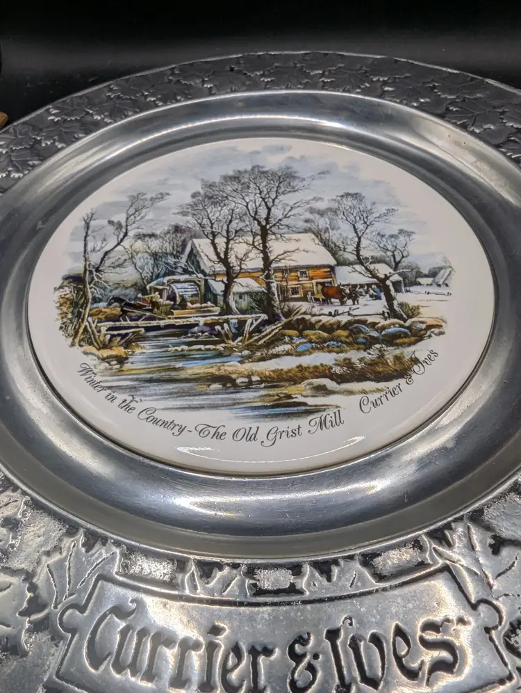 Vintage Currier & Ives Winter in the Country The Old Grist Mill Decorative Plate by Carson Pewter 10.75"