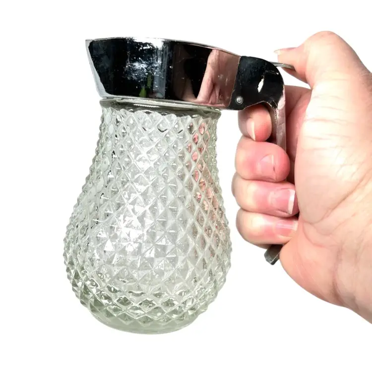 5” Vintage Syrup Honey Dressing Dispenser. Clear Glass Diamond Point Pattern. Strong Lever Action. Diner Style.