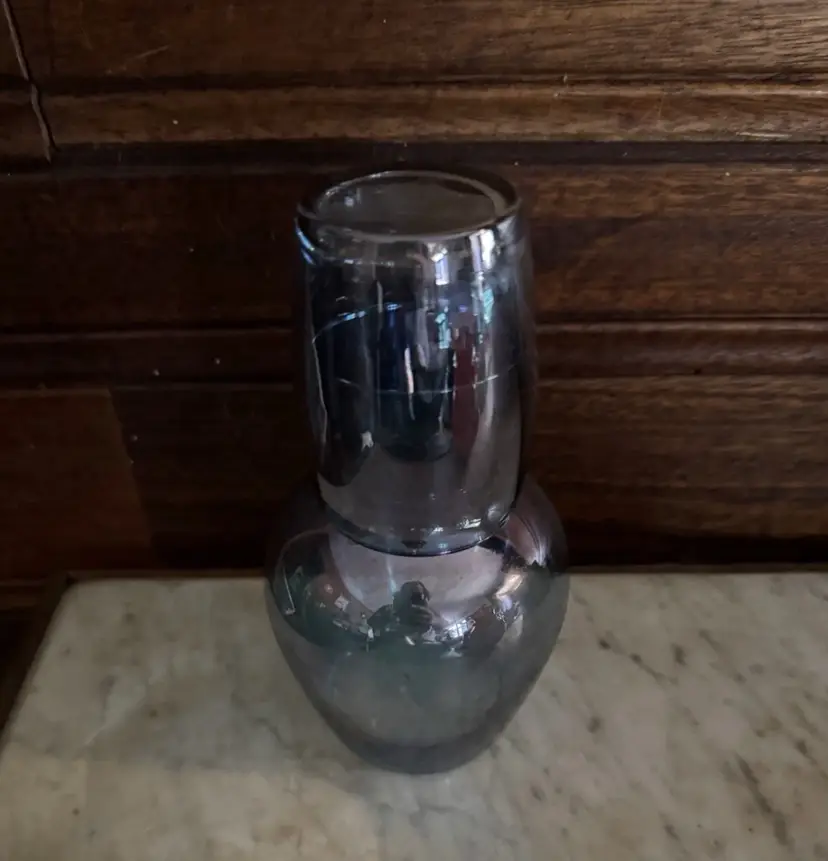 Blue Beside Water Carafe, Tumble Up Blue Glass Iridescent