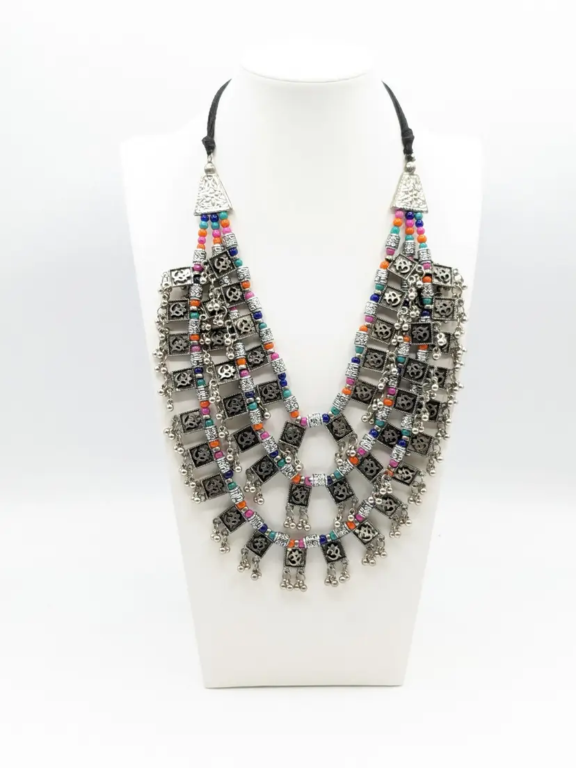 Colorful Statement Tribal Style Bib Necklace Silver Tone Thread Closure