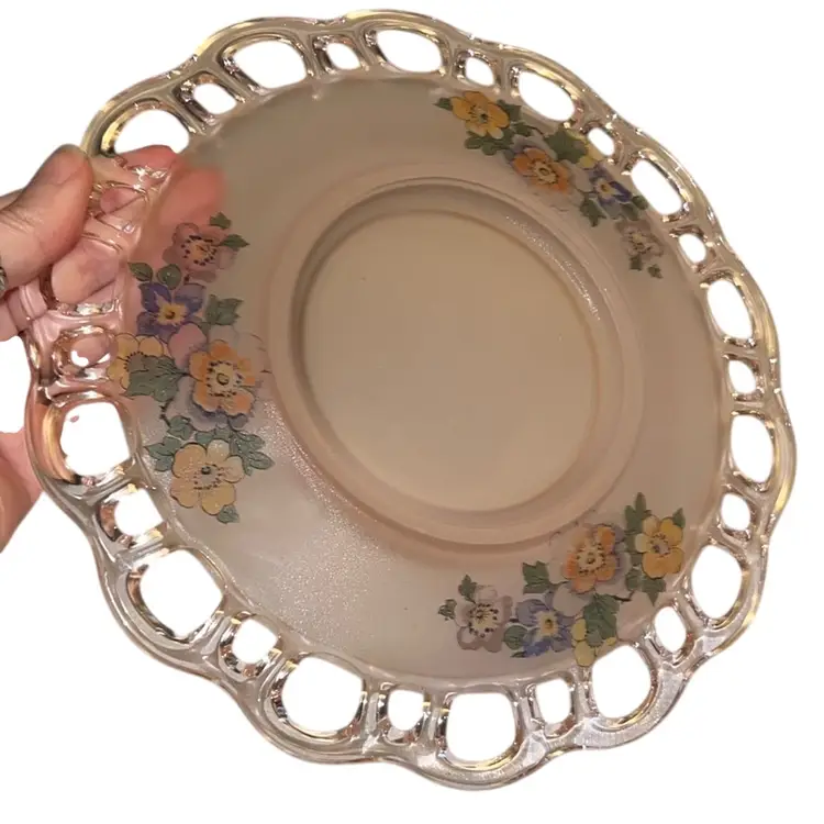 Vintage Pink Depression Satin Glass Reverse Painted Dish 9”