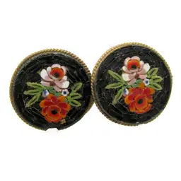 Vintage ITALIAN MOSAIC Red Floral Earrings Brass Frame Sign Screw On