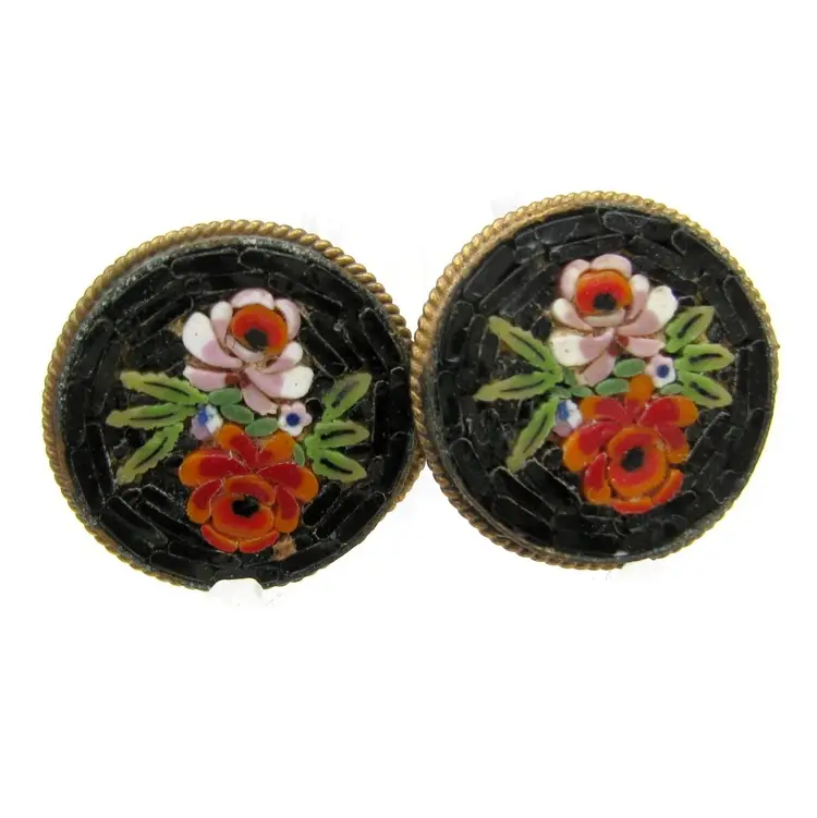 Vintage ITALIAN MOSAIC Red Floral Earrings Brass Frame Sign Screw On