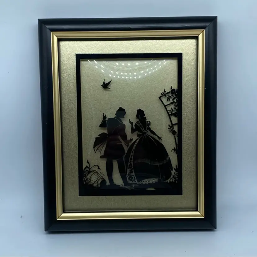 #2408 Reverse Painted Silhouette Framed Artwork Gold Background Professionally Framed.
